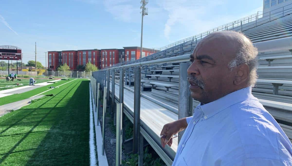 Football field installed at VUU, with namesake, Hall of Famer Willie Lanier, observing